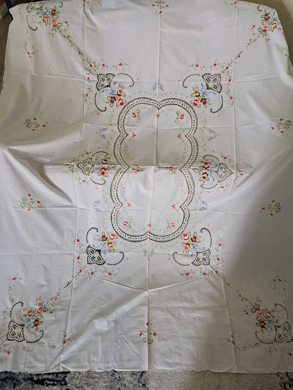 VTG Embroidered Floral Tablecloth - White Pink Green 8 Napkins Eyelet Grandma